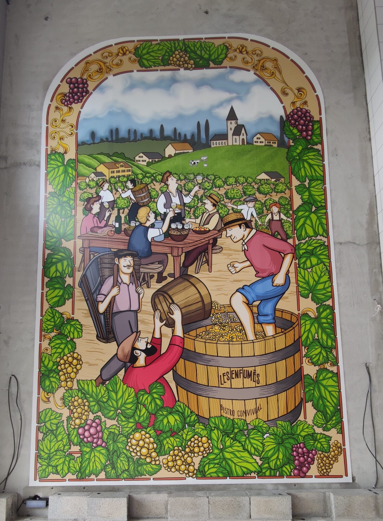 Décor mural imprimé grand format, scène de vendanges – bistrot Les Enfumés, Montbert