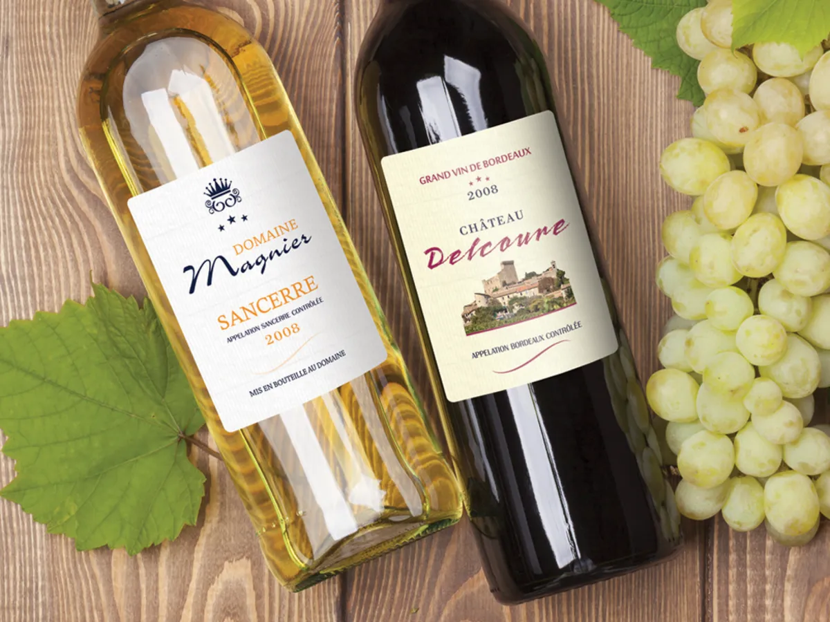 Étiquettes de vin sur papier vergé blanc, bouteilles de blanc et de rouge