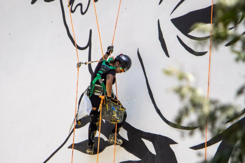 Artiste peignant une fresque géante suspendu à des cordes