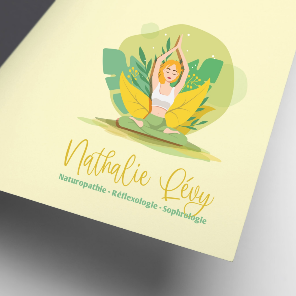 Mockup carte identité visuelle logo naturopathie réflexologie sophrologie Gémozac — palette naturelle verts et jaune