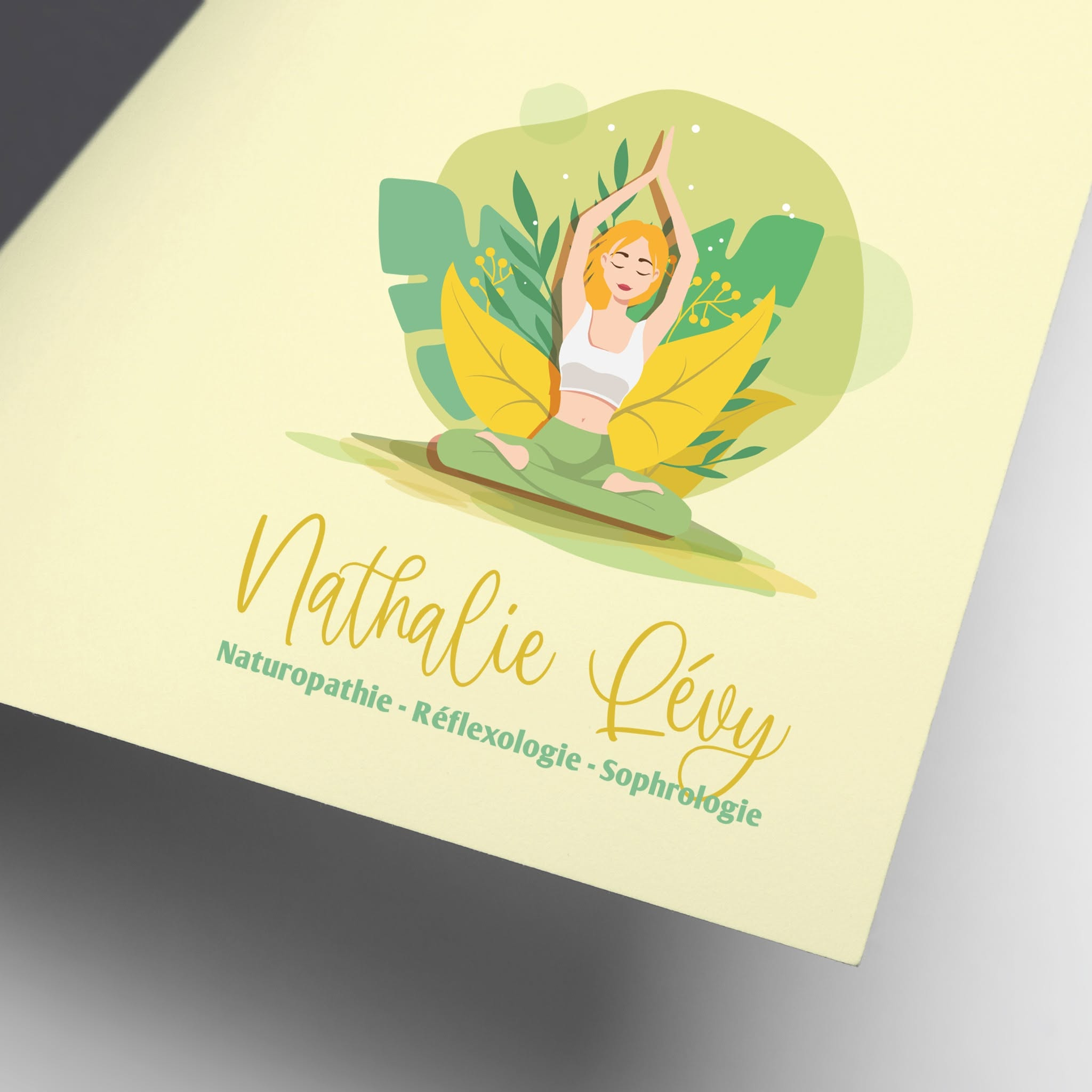 Mockup carte identité visuelle logo naturopathie réflexologie sophrologie Gémozac — palette naturelle verts et jaune