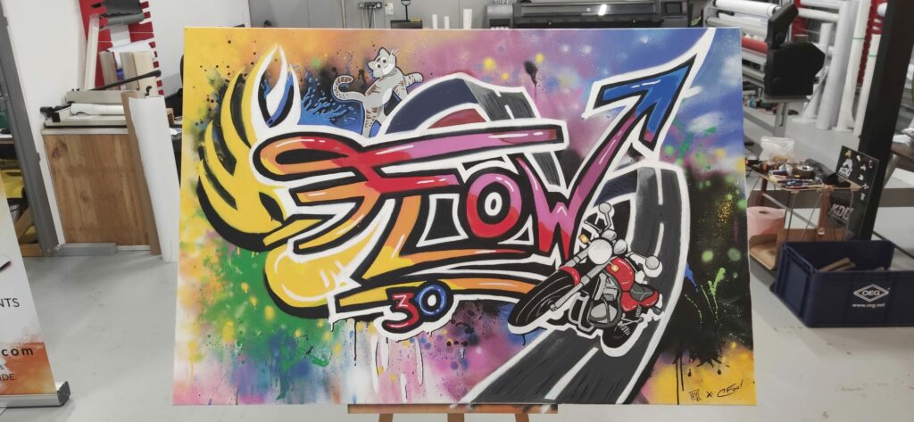 Tableau graff « Flow » peint à la bombe sur commande pour un anniversaire – Castres-Gironde
